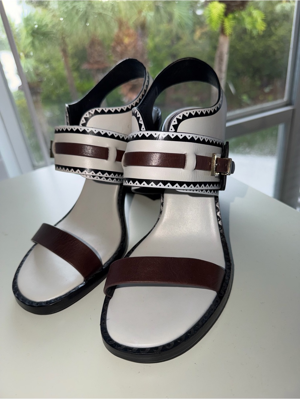 Tory Burch White and Brown Leather Buckle Sandals - Picture 8 of 9